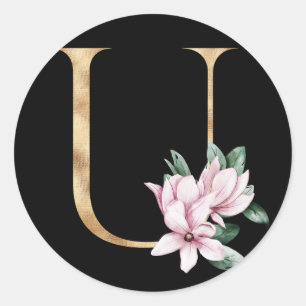 Blumenmagnolie-Monogramm in Goldbuchstabe U Runder Aufkleber
