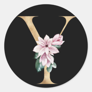Blumenmagnolie-Monogramm in Goldbuchstabe Y Runder Aufkleber