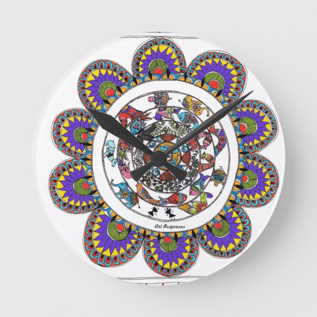 Blumenmandal im Stil Madhubanis Runde Wanduhr (Vorderseite)