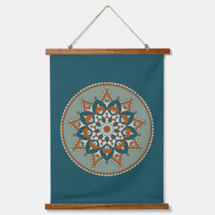 BlumenMandala, Aquamarin, Olivenöl, Rost, Creme Wandteppich Mit Holzrahmen