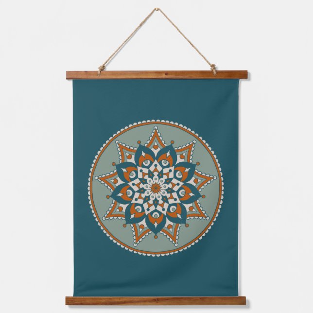 BlumenMandala, Aquamarin, Olivenöl, Rost, Creme Wandteppich Mit Holzrahmen (Vorderseite)