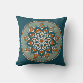 BlumenMandala, Aquamarin, Olivenöl und Rost Kissen