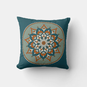 BlumenMandala, Aquamarin, Olivenöl und Rost Kissen
