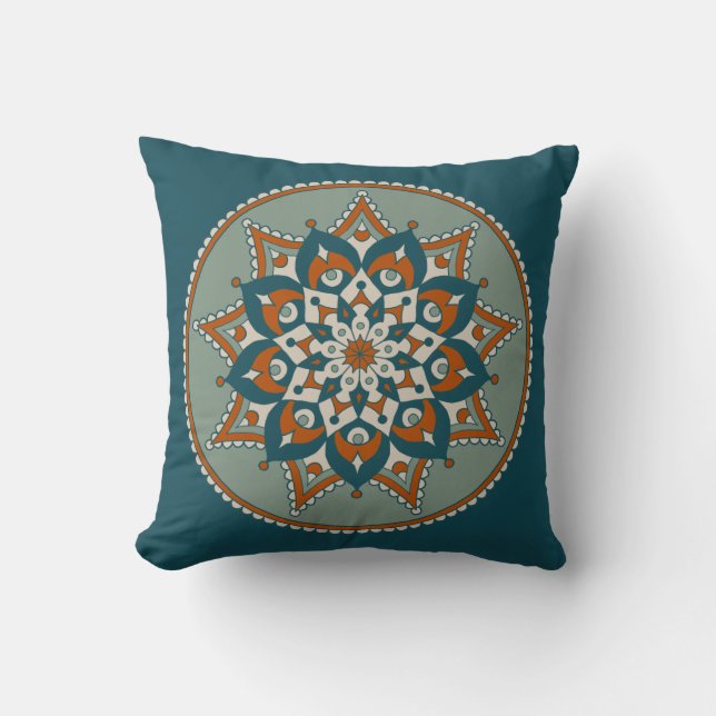 BlumenMandala, Aquamarin, Olivenöl und Rost Kissen (Vorderseite)