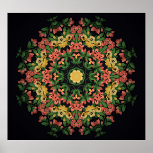 Blumenmandala: rot, gelb Vintag. Poster