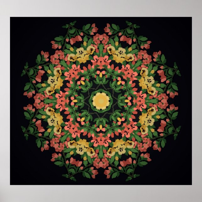 Blumenmandala: rot, gelb Vintag. Poster (Vorne)
