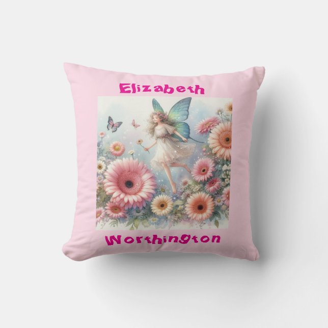 Blumenmärchen der Aquarelldruckerin, rosa Kissen (Vorderseite)