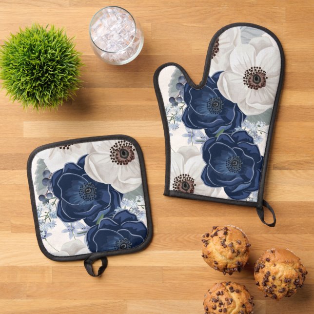 Blumenmarineblau Ofenhandschuh & Topflappen-Set (Oben Unten)