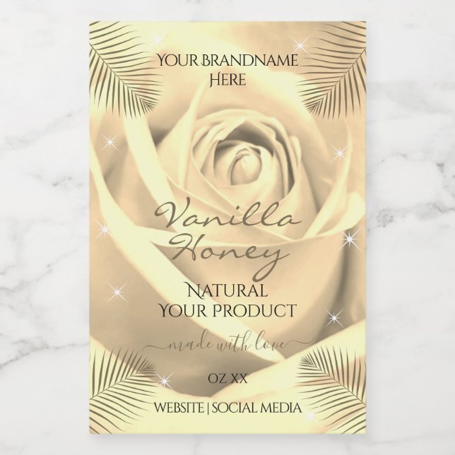 Blumenmarken Creme Beige Rose Palm Blätter Lebensmitteletikett (Einzelnes Label)
