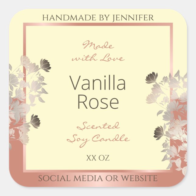Blumenmarken Creme und Rose Gold Rahmen Quadratischer Aufkleber (Vorderseite)