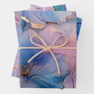 Blumenmarmor Gold Pink Blau Geschenkpapier Set