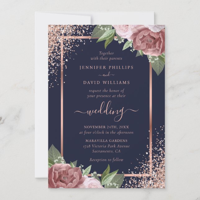 Blumenmarsch, blaue Rose Gold Confetti Wedding Einladung (Vorderseite)