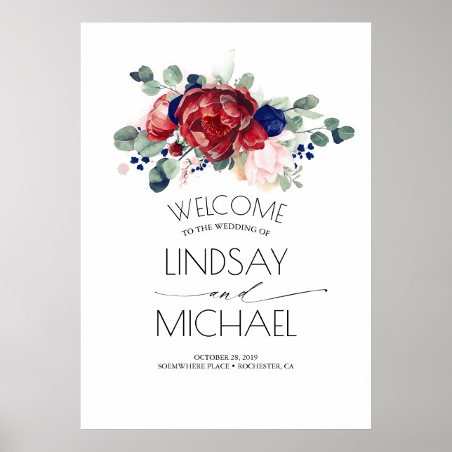 Blumenmarsche Hochzeit in Blau und Burgund Poster (Vorne)