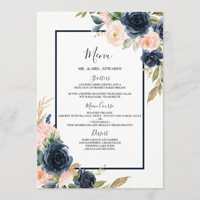 Blumenmenü für Hochzeiten an der Verlobung von Nav Menükarte (Vorderseite)