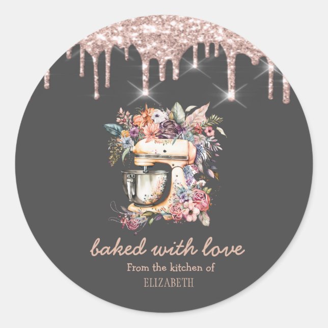 Blumenmischerei Rose Gold Tropfen Bäckerei Runder Aufkleber (Vorderseite)
