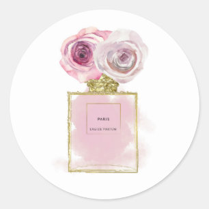 Blumenmode Parfümflasche rosa Rosen Gold Glamour Runder Aufkleber