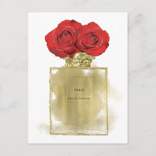 Blumenmode Parfümflasche rote Rosen Gold Glamour Postkarte