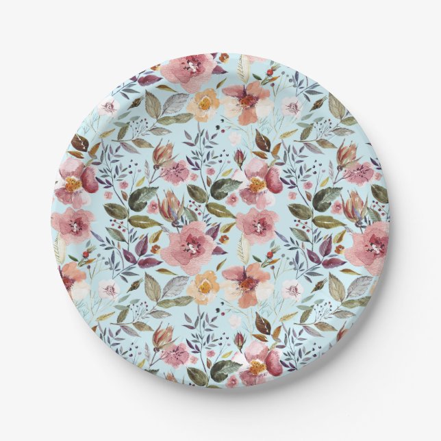 Blumenmodern Moderne Sommer-Blume Muster auf Aquam Pappteller (Vorderseite)