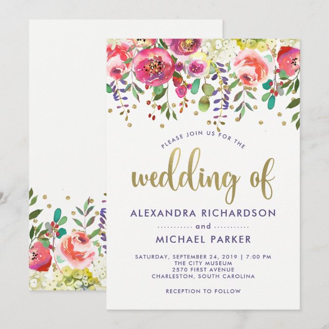 Blumenmoderne Aquarell-Hochzeit des gold| Einladung (Vorne/Hinten)