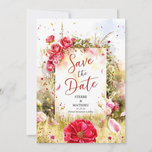 Blumenmoderne Crimson-Rote Rosen Hochzeit Save The Date (Vorderseite)