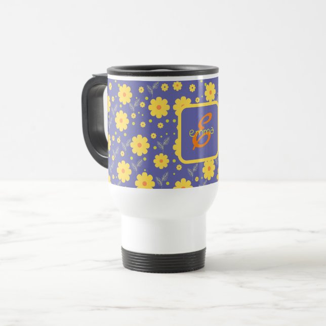 Blumenmodulierende, Lila-Gelbe-Name-Monogramm-Vorl Reisebecher (Vorderseite Links)