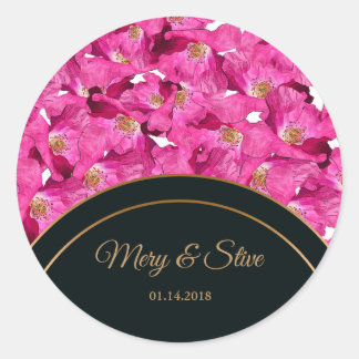 Blumenmohn rosa Muster.Monogramm. Runder Aufkleber