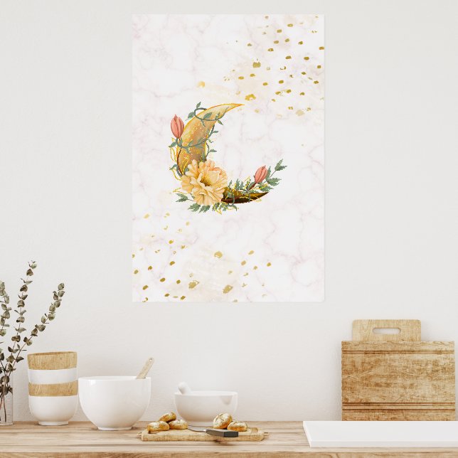Blumenmond, Beige und Gelbe Grafik Poster (Küche)