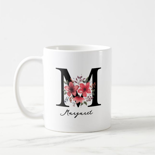 Blumenmonogramm Buchstabe M Margaret Benutzerdefin Kaffeetasse (Links)