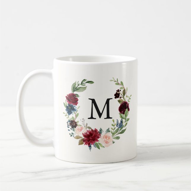Blumenmonogramm Burgunder-Blumenstrauß-| Kaffeetasse (Links)