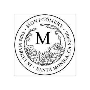 Blumenmonogramm-Familienname u. runde Gummistempel