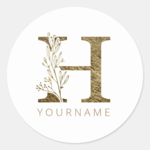 Blumenmonogramm H Elegant Gold Foliage Runder Aufkleber