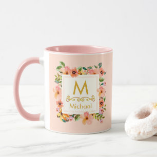 Blumenmonogramm I Benutzerdefinierter Name & Goldi Tasse