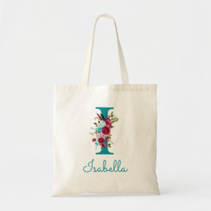 Blumenmonogramm I Schriftart Teal Rosa Tragetasche