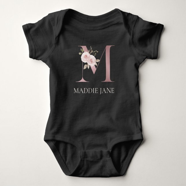Blumenmonogramm M Name  Baby Strampler (Vorderseite)
