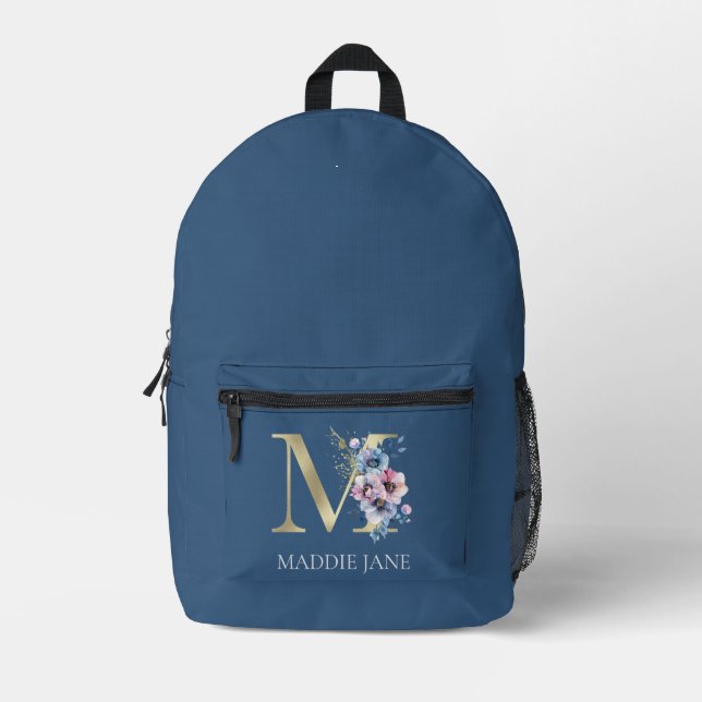 Blumenmonogramm M Name  Bedruckter Rucksack (Vorderseite)