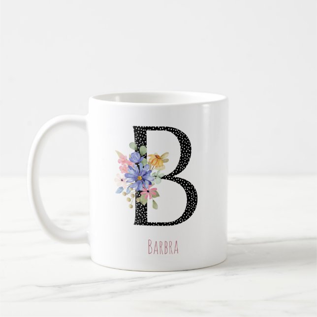 Blumenmonogramm Name B Schwarz Polka Punkt  Kaffeetasse (Links)