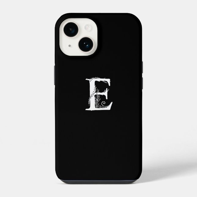 BLUMENMONOGRAMM SCHREIBEN E MINIMALISTISCHE SCHWAR iPhone 14 HÜLLE (Rückseite)