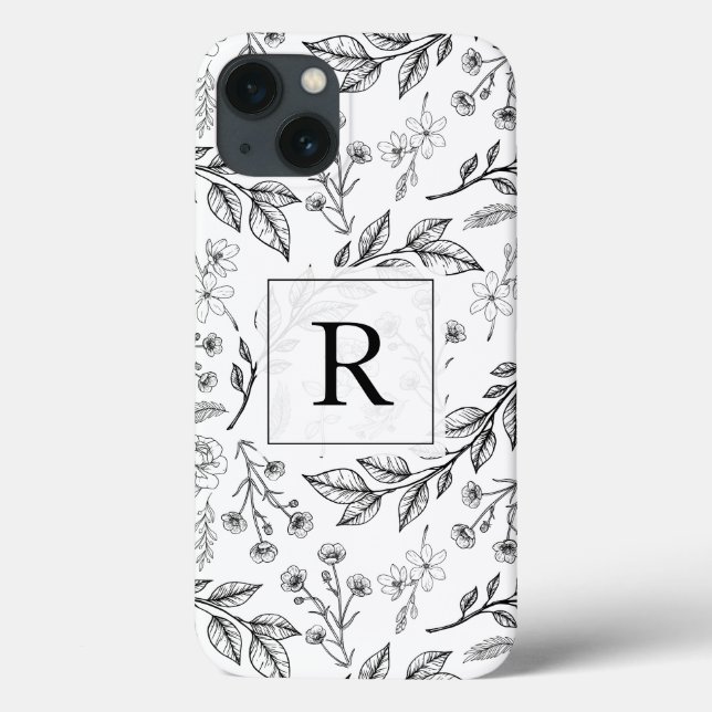 Blumenmonogramm Schwarz Weiß Case-Mate iPhone Hülle (Rückseite)