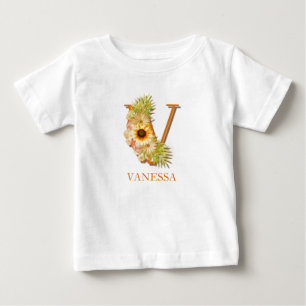Blumenmonogramm Sonnenblume Buchstabe V mit Namen Baby T-shirt