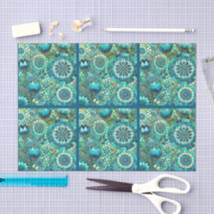 Blumenmosaik Marineblau Grüne Blumen Decoupage Seidenpapier