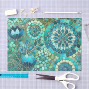 Blumenmosaik Navy Blue Green Blume Dekoupage Seidenpapier