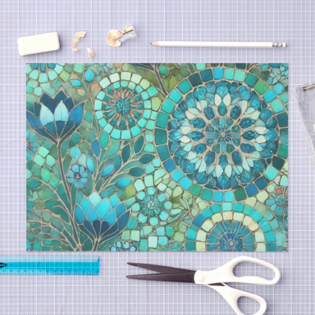 Blumenmosaik Navy Blue Green Blume Dekoupage Seidenpapier (Handwerk)