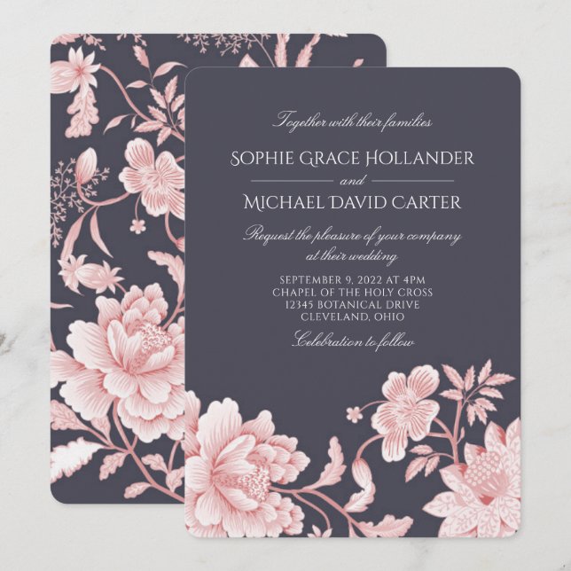 Blumenmotiv in Rosa und Grau 2 Hochzeit Einladung (Vorne/Hinten)