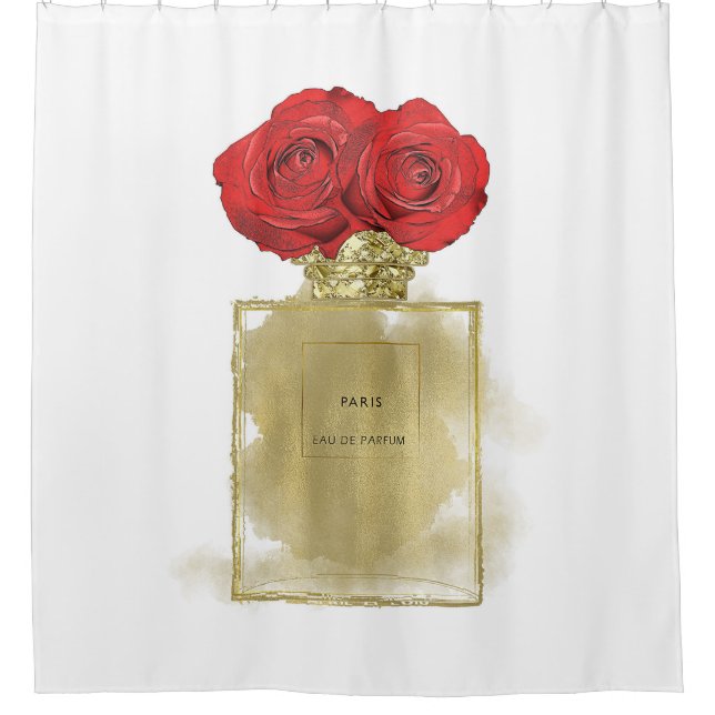 Blumenmotiv Parfüm Flasche Rote Rosen Gold Glam Duschvorhang (Vorderseite)