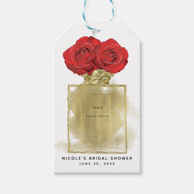 Blumenmotiv Parfüm Flasche Rote Rosen Gold Glam Geschenkanhänger (Vorderseite)