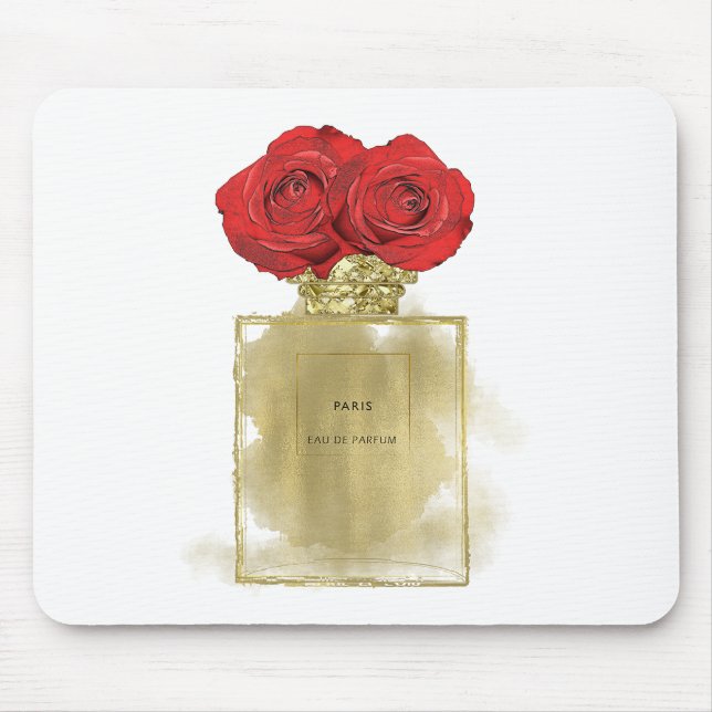 Blumenmotiv Parfüm Flasche Rote Rosen Gold Glam Mousepad (Vorne)