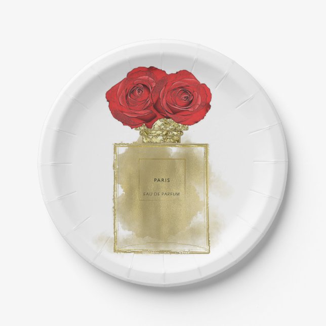 Blumenmotiv Parfüm Flasche Rote Rosen Gold Glam Pappteller (Vorderseite)