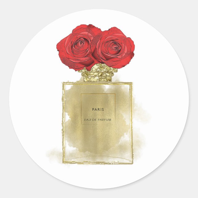 Blumenmotiv Parfüm Flasche Rote Rosen Gold Glam Runder Aufkleber (Vorderseite)