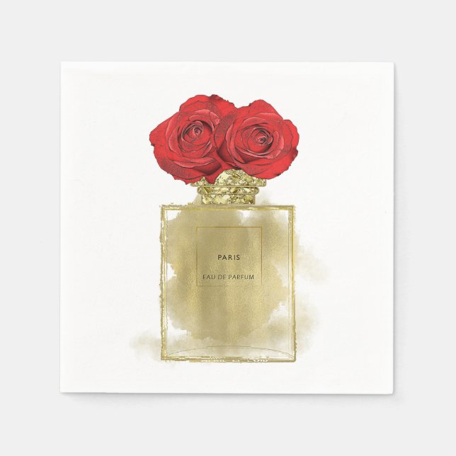 Blumenmotiv Parfüm Flasche Rote Rosen Gold Glam Serviette (Vorderseite)