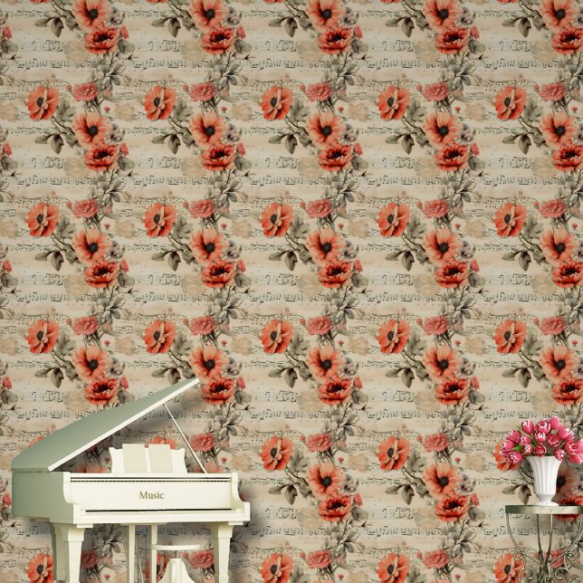 Blumenmusiknoten Muster Rote Blende und Stiel Tapete (Von Creator hochgeladen)